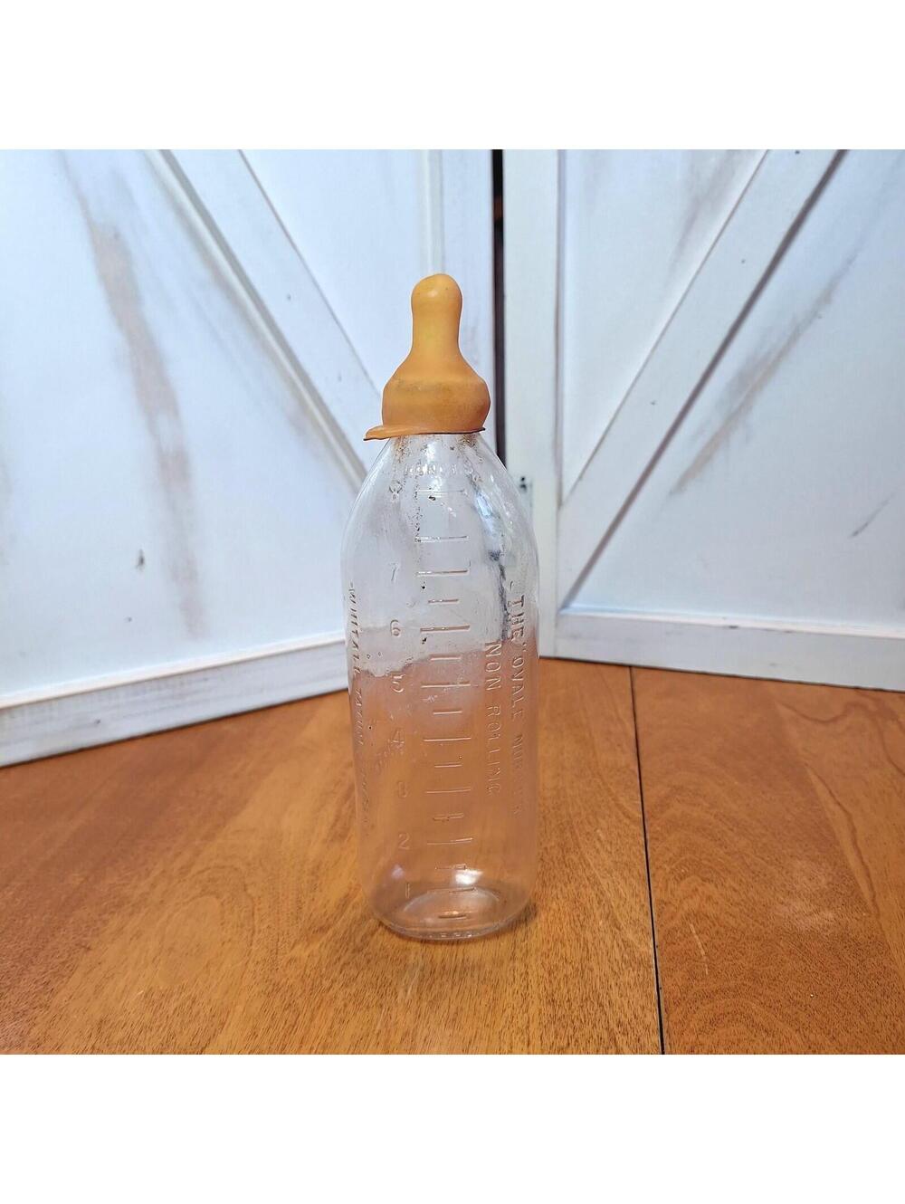 Antique Glass Nurser Baby Bottle 8 oz w/Nipple Non-Rolling 8"H Whitall Tatum Co.